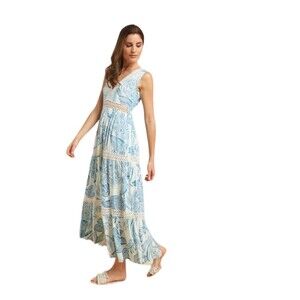 Z & L Kerala  Maxi Dress Womens Large Blue Floral Crochet Details NWT $179